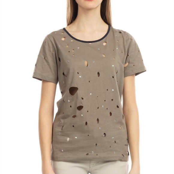 NEW PINKO BEIGE DISTRESSED SHORT SLEEVE T-SHIRT - Picture 1 of 7